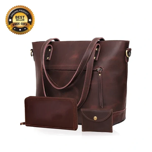 Portland Buffalo Leather Tote Bag Combo - Brown