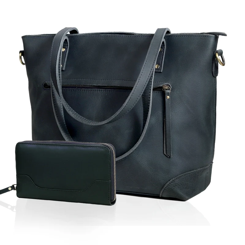 Portland Buffalo Leather Tote Bag - Navy
