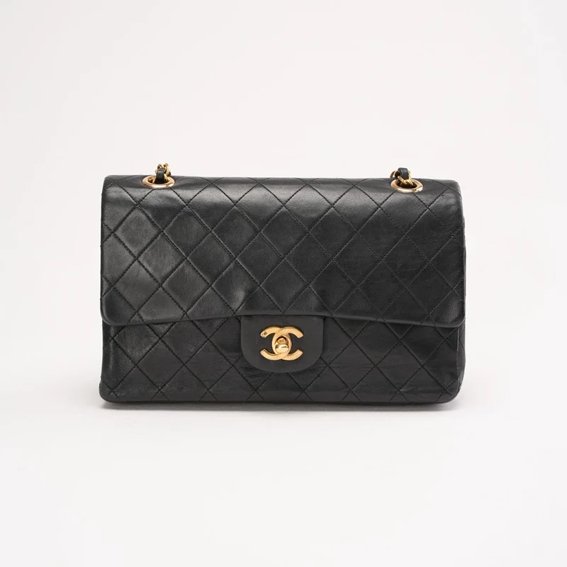 Chanel Vintage Medium Classic Double Flap Bag aus Lammleder, Schwarz, 1988
