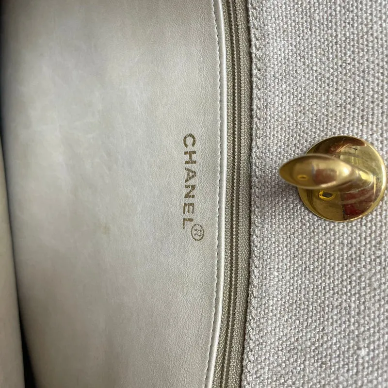 Chanel Vintage Leinen Coco Mark Ketten-Schultertasche Beige 1996