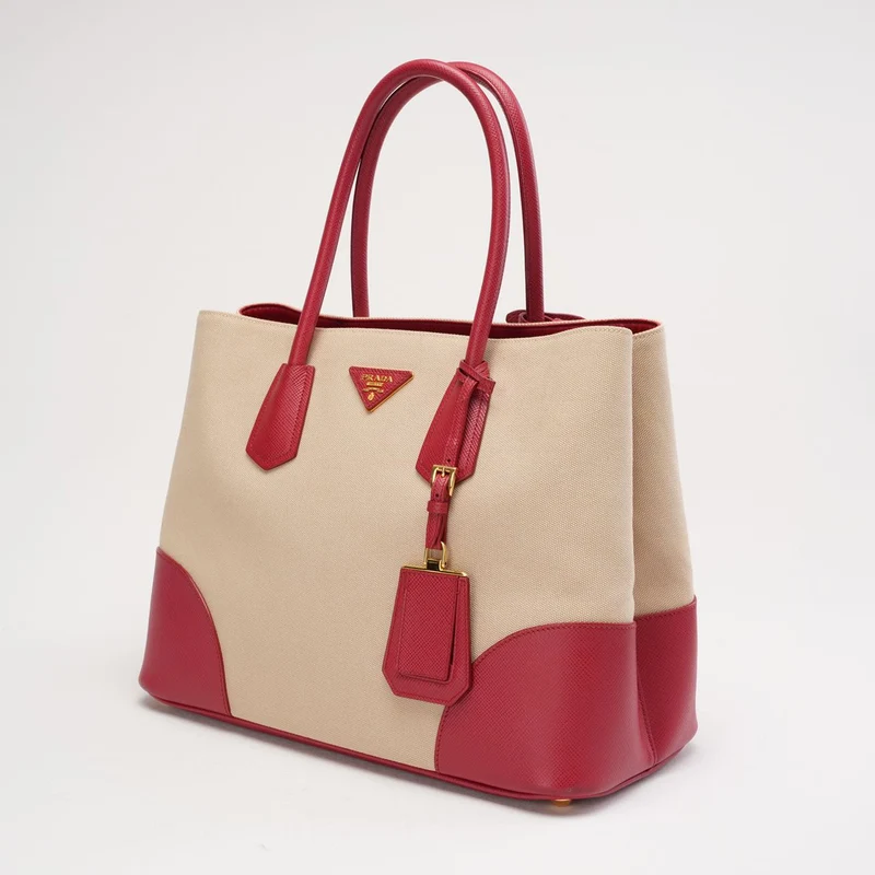 Prada Beige und Rot Canapa Saffiano Doppeltasche