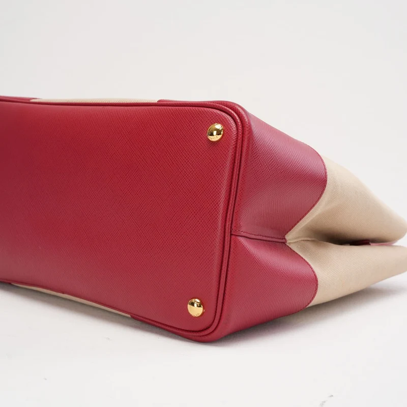 Prada Beige und Rot Canapa Saffiano Doppeltasche