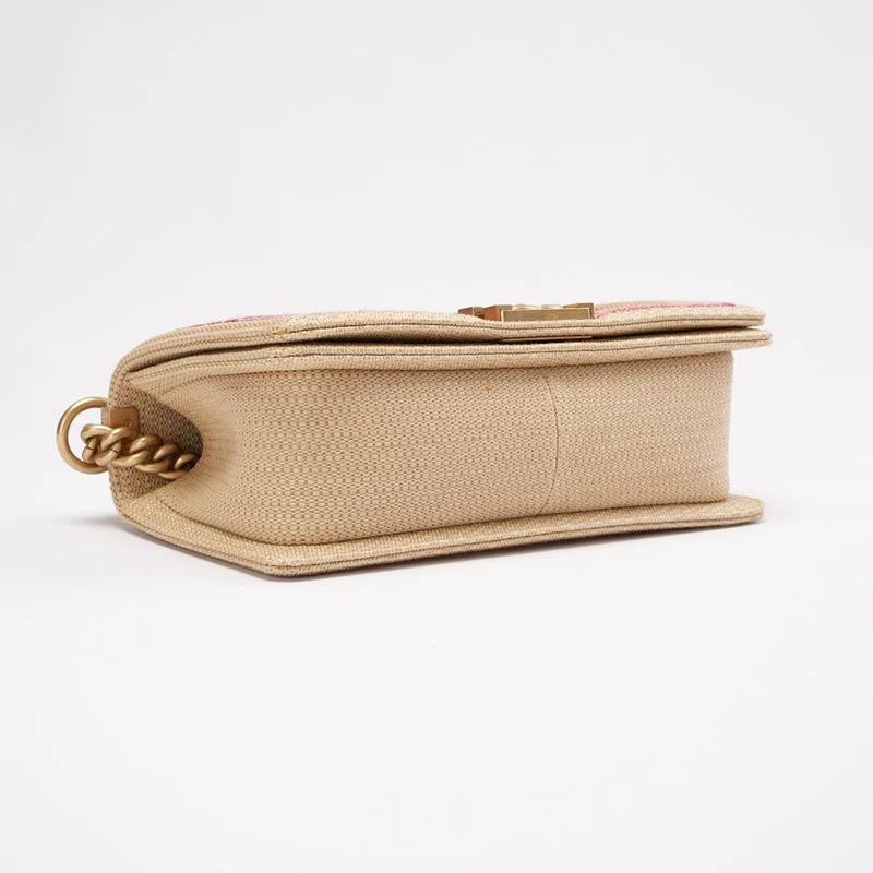 Chanel Medium Boy Flap Chevron Raffia & Leather Pink 2018