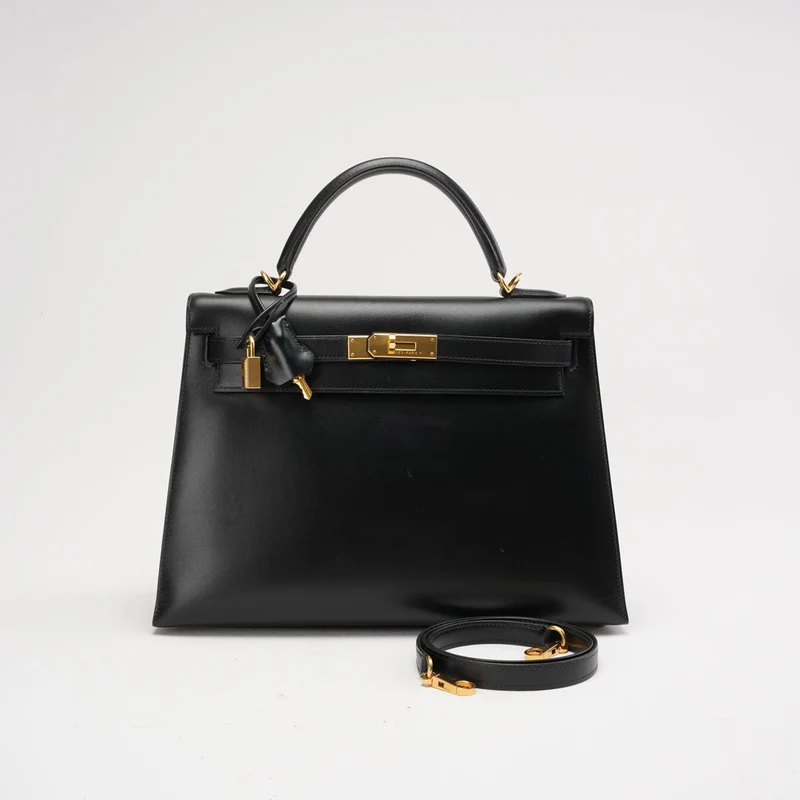 Hermes Schwarze Kelly 32 Sellier in Box Leder 2000