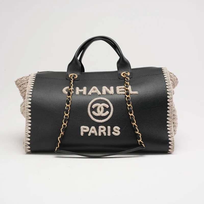 Chanel Deauville Shopping Tote, groß, Kalbsleder, Schwarz/Beige