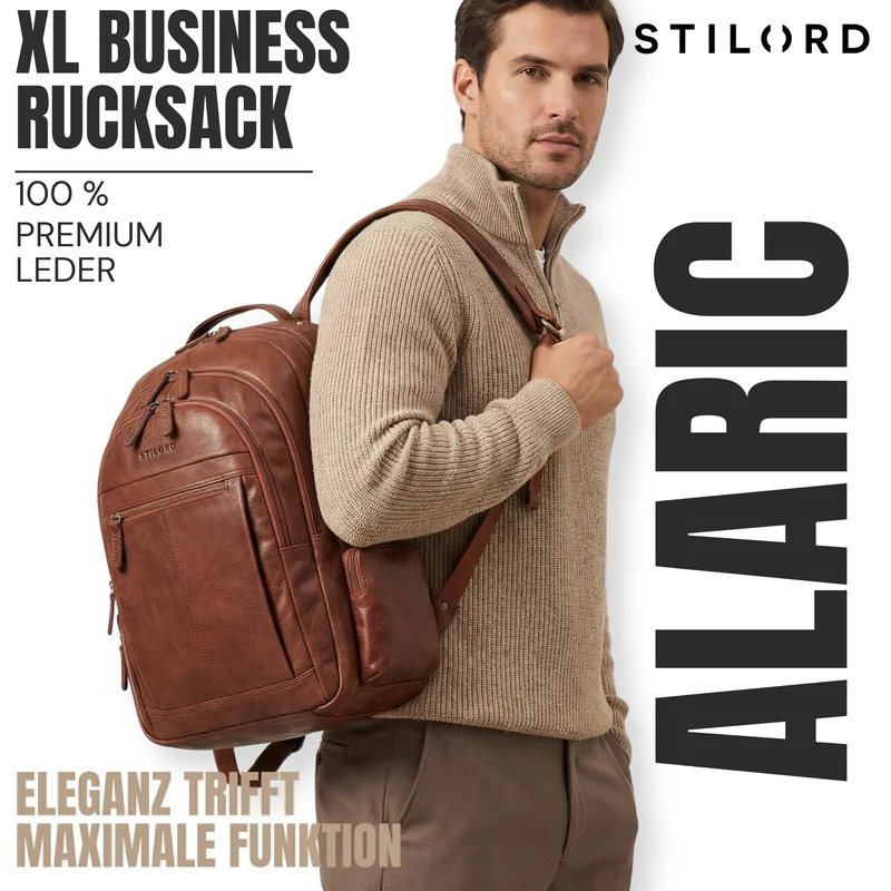 B-WARE "Alaric" XL Business Rucksack Herren Leder Laptoprucksack 17 Zoll