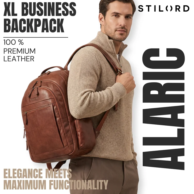 B-WARE "Alaric" XL Business Rucksack Herren Leder Laptoprucksack 17 Zoll