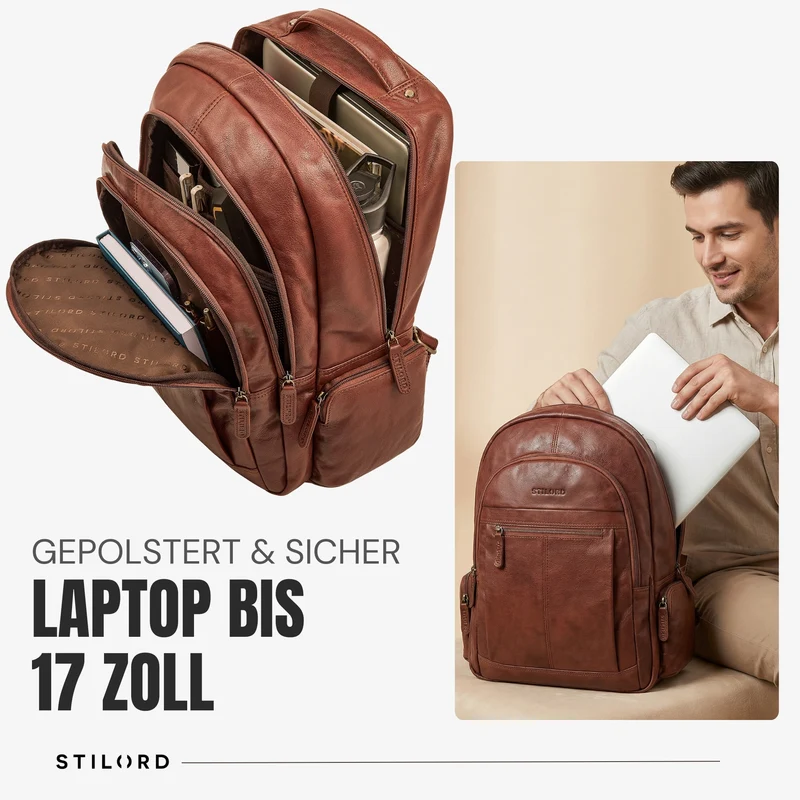 B-WARE "Alaric" XL Business Rucksack Herren Leder Laptoprucksack 17 Zoll