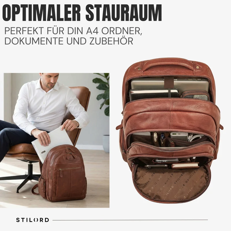 B-WARE "Alaric" XL Business Rucksack Herren Leder Laptoprucksack 17 Zoll