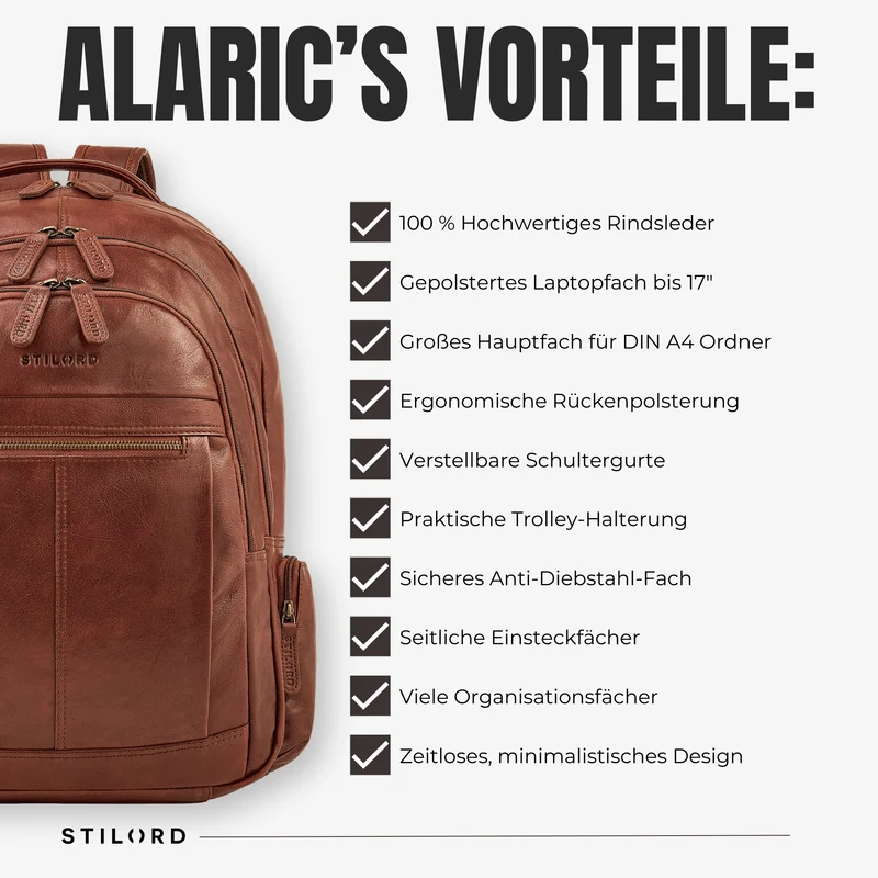 B-WARE "Alaric" XL Business Rucksack Herren Leder Laptoprucksack 17 Zoll