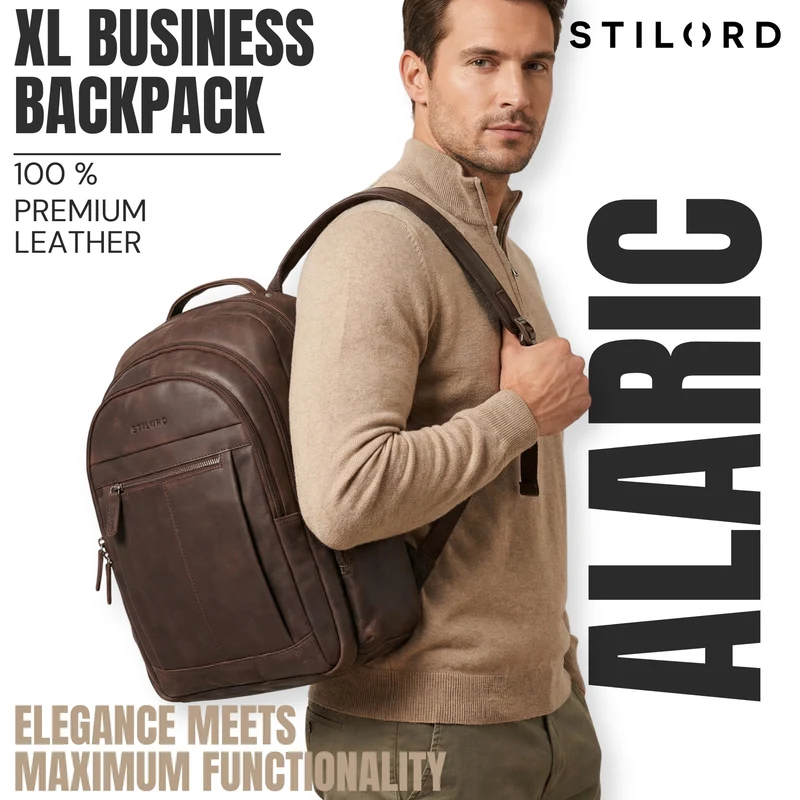 B-WARE "Alaric" XL Business Rucksack Herren Leder Laptoprucksack 17 Zoll