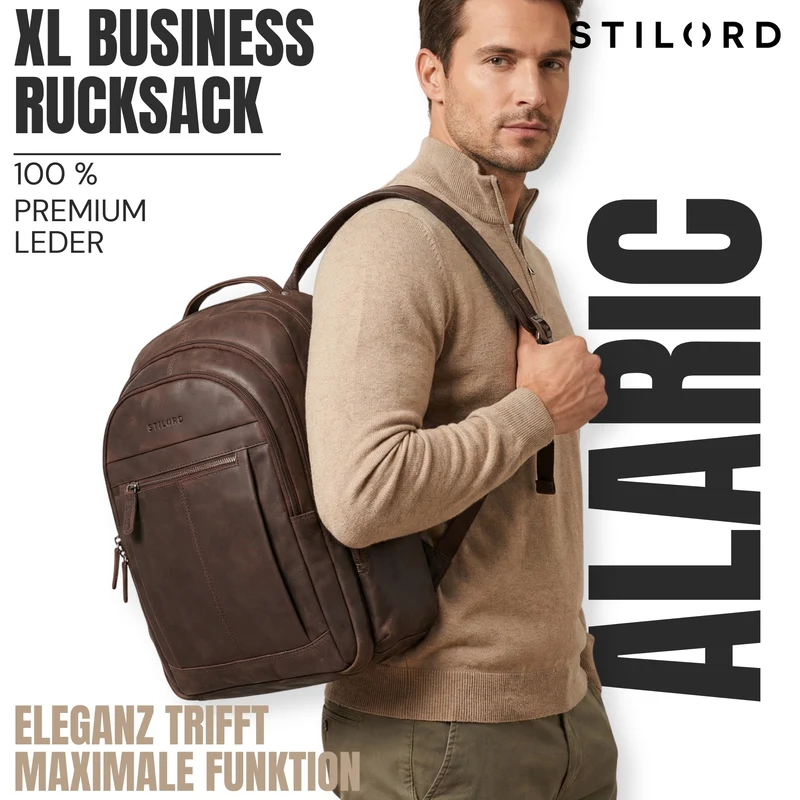 B-WARE "Alaric" XL Business Rucksack Herren Leder Laptoprucksack 17 Zoll