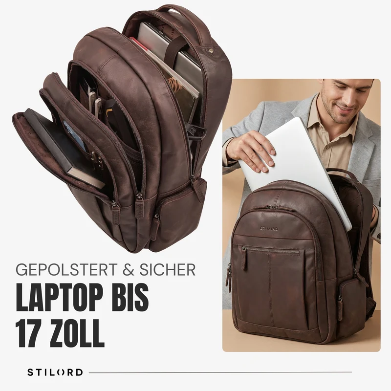 B-WARE "Alaric" XL Business Rucksack Herren Leder Laptoprucksack 17 Zoll