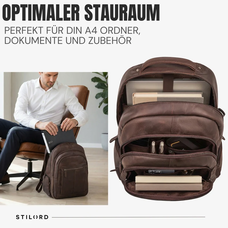 B-WARE "Alaric" XL Business Rucksack Herren Leder Laptoprucksack 17 Zoll