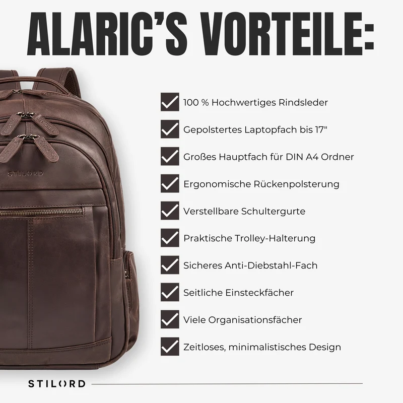 B-WARE "Alaric" XL Business Rucksack Herren Leder Laptoprucksack 17 Zoll