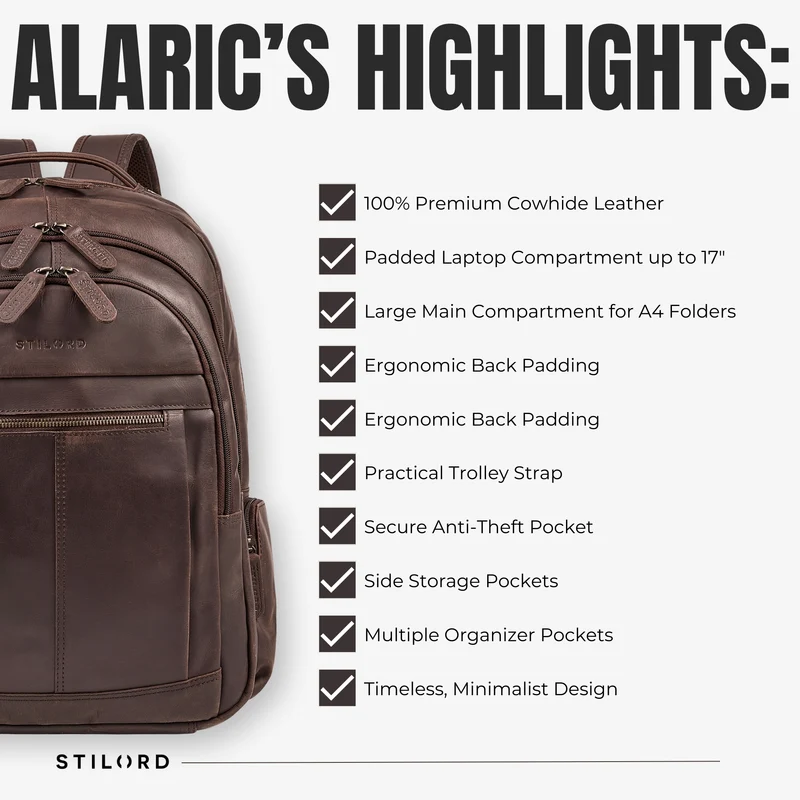 B-WARE "Alaric" XL Business Rucksack Herren Leder Laptoprucksack 17 Zoll