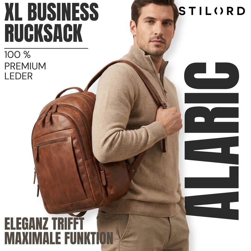 B-WARE "Alaric" XL Business Rucksack Herren Leder Laptoprucksack 17 Zoll