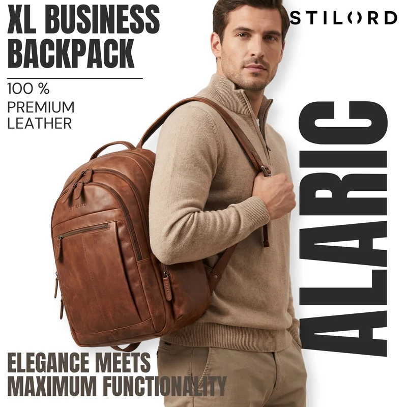 B-WARE "Alaric" XL Business Rucksack Herren Leder Laptoprucksack 17 Zoll