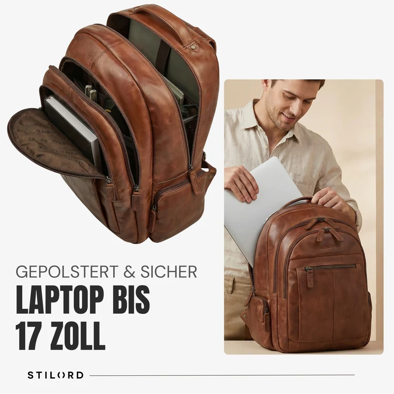 B-WARE "Alaric" XL Business Rucksack Herren Leder Laptoprucksack 17 Zoll