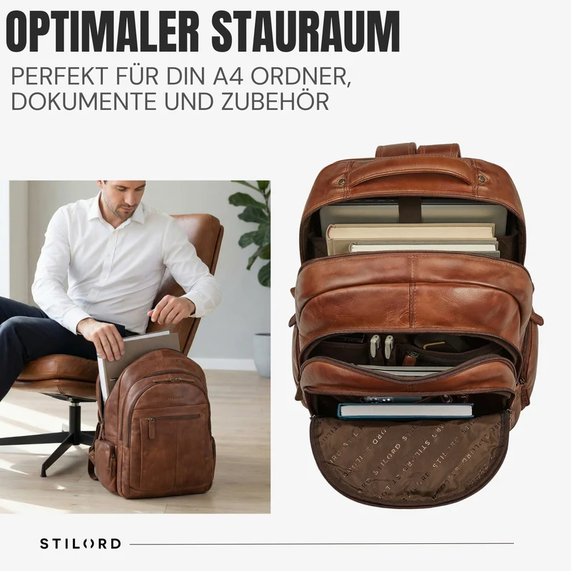 B-WARE "Alaric" XL Business Rucksack Herren Leder Laptoprucksack 17 Zoll