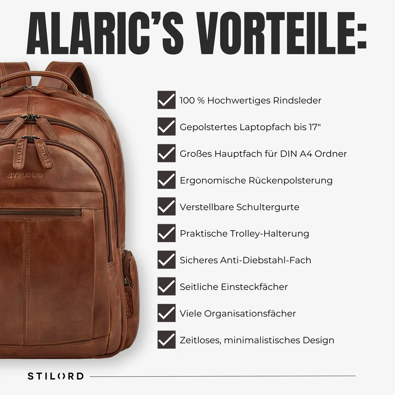 B-WARE "Alaric" XL Business Rucksack Herren Leder Laptoprucksack 17 Zoll