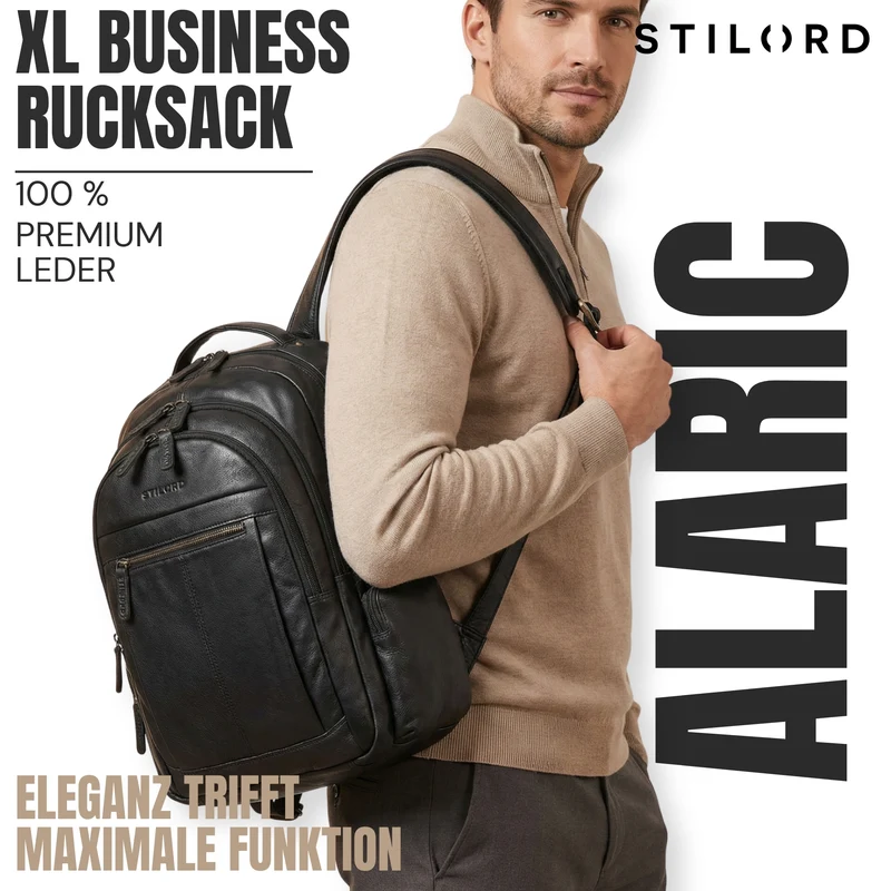 B-WARE "Alaric" XL Business Rucksack Herren Leder Laptoprucksack 17 Zoll