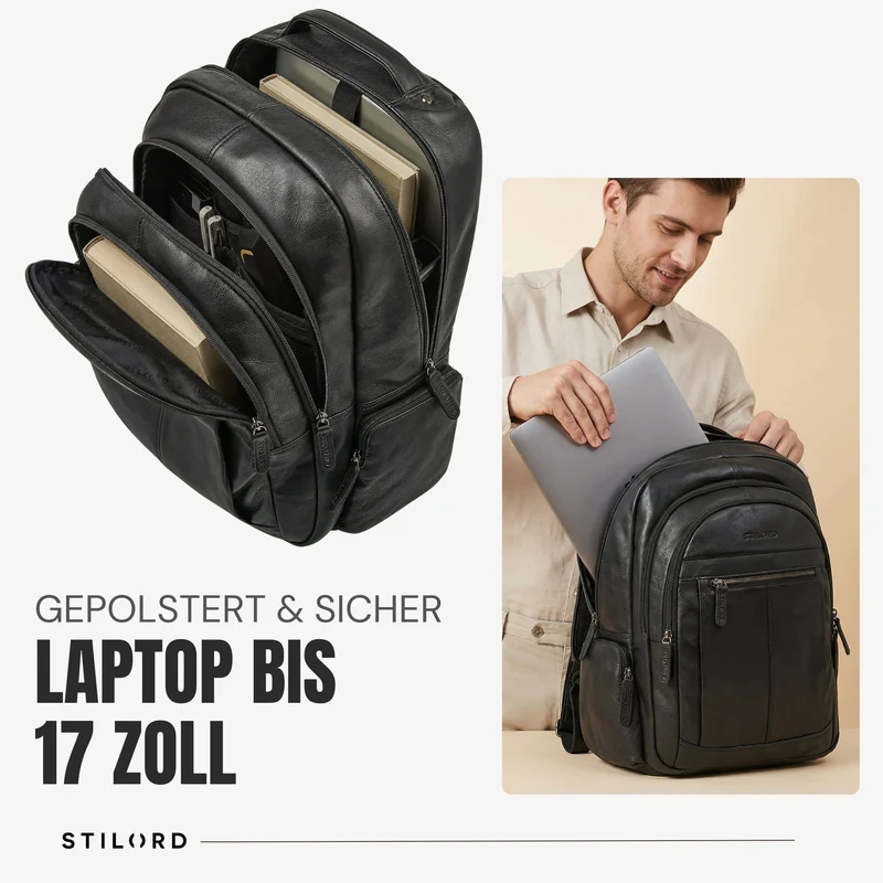B-WARE "Alaric" XL Business Rucksack Herren Leder Laptoprucksack 17 Zoll