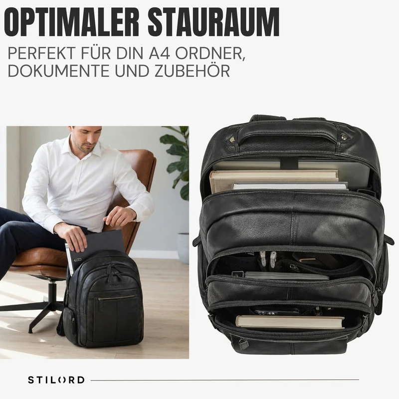 B-WARE "Alaric" XL Business Rucksack Herren Leder Laptoprucksack 17 Zoll