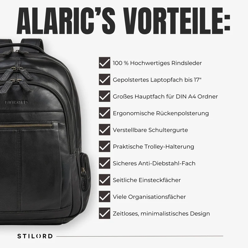 B-WARE "Alaric" XL Business Rucksack Herren Leder Laptoprucksack 17 Zoll