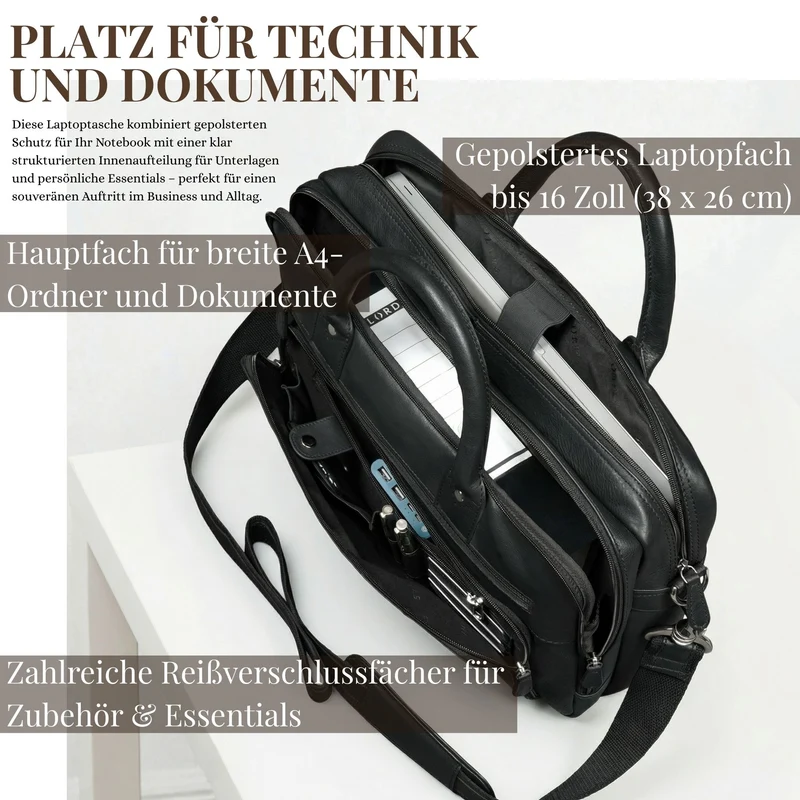 "Dylan" Große Business Aktentasche Herren Echtleder 16 Zoll & A4