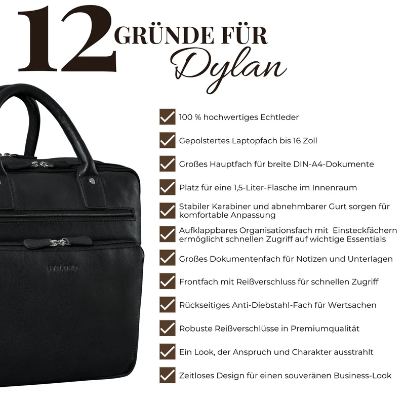 "Dylan" Große Business Aktentasche Herren Echtleder 16 Zoll & A4