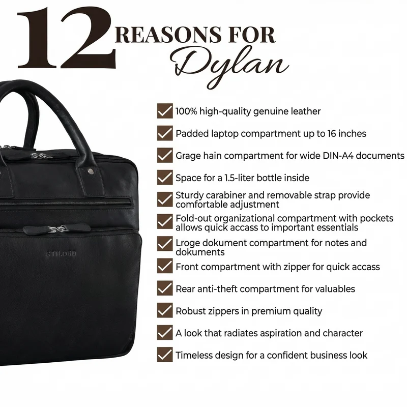 "Dylan" Große Business Aktentasche Herren Echtleder 16 Zoll & A4