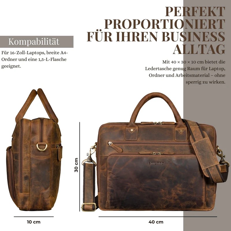 "Dylan" Große Business Aktentasche Herren Echtleder 16 Zoll & A4
