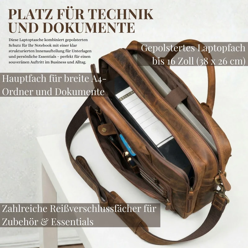 "Dylan" Große Business Aktentasche Herren Echtleder 16 Zoll & A4