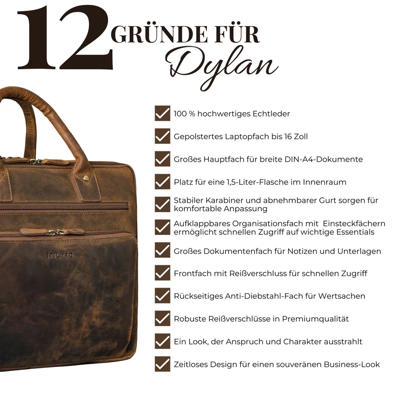 "Dylan" Große Business Aktentasche Herren Echtleder 16 Zoll & A4