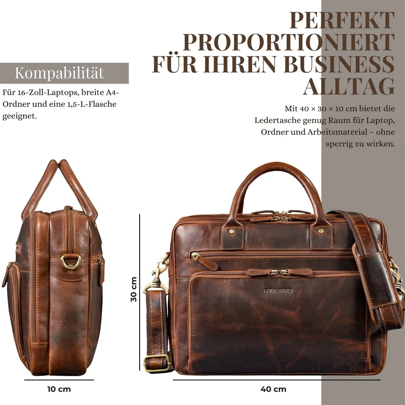 "Dylan" Große Business Aktentasche Herren Echtleder 16 Zoll & A4
