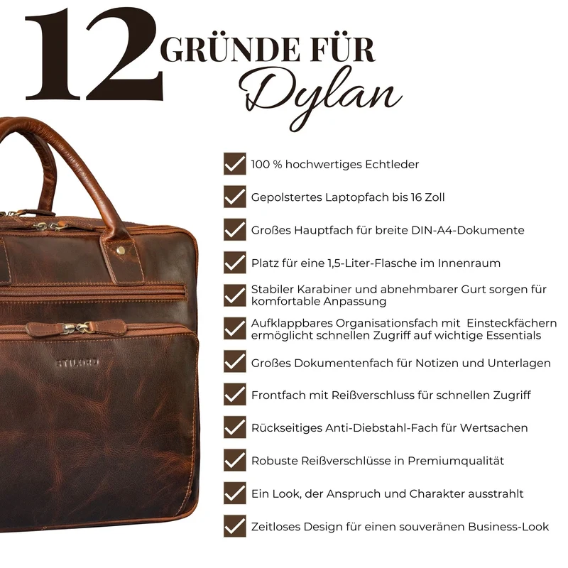 "Dylan" Große Business Aktentasche Herren Echtleder 16 Zoll & A4