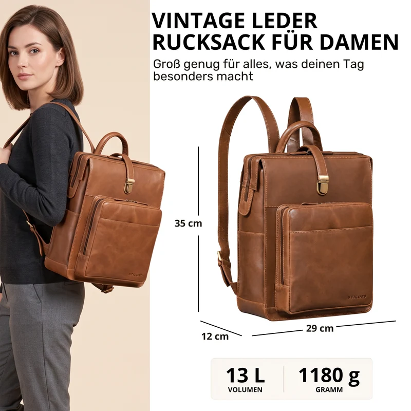 "Lorraine" Vintage Rucksack Damen Leder Groß 15,6 Zoll Laptop