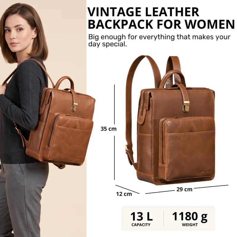 "Lorraine" Vintage Rucksack Damen Leder Groß 15,6 Zoll Laptop