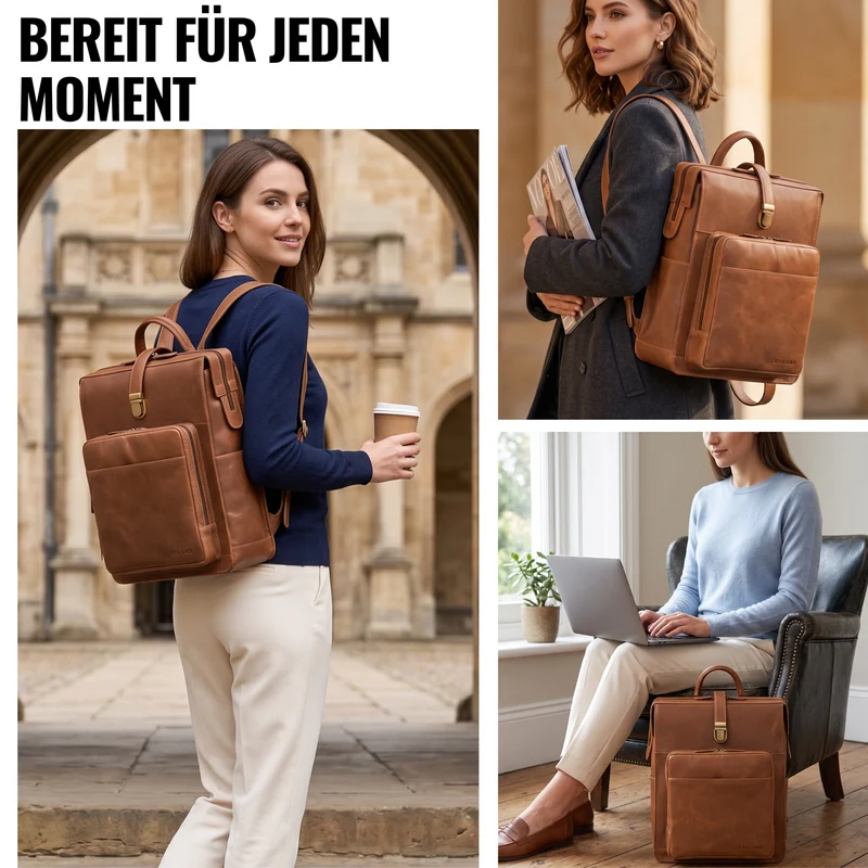 "Lorraine" Vintage Rucksack Damen Leder Groß 15,6 Zoll Laptop