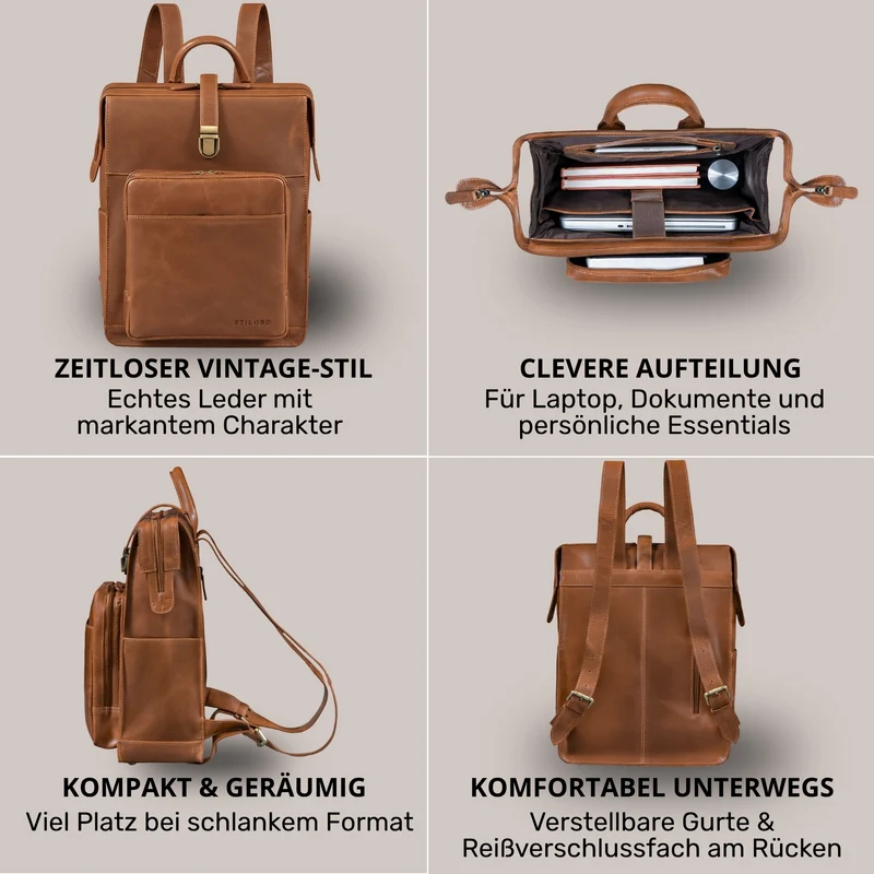 "Lorraine" Vintage Rucksack Damen Leder Groß 15,6 Zoll Laptop