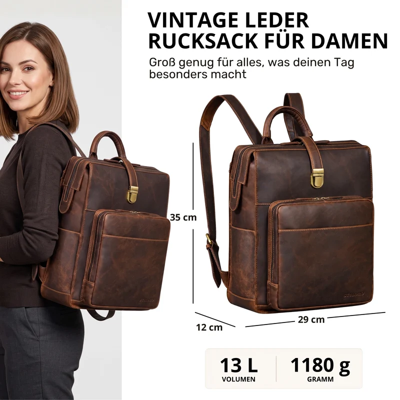"Lorraine" Vintage Rucksack Damen Leder Groß 15,6 Zoll Laptop