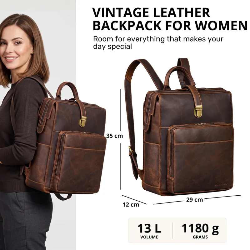 "Lorraine" Vintage Rucksack Damen Leder Groß 15,6 Zoll Laptop