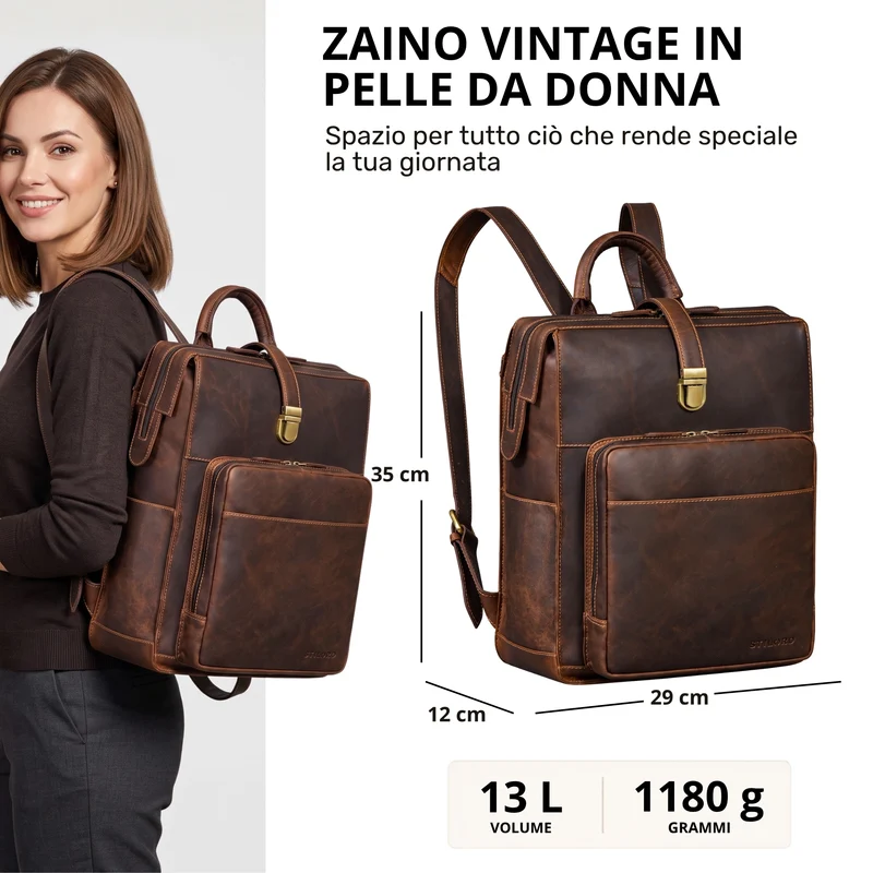 "Lorraine" Vintage Rucksack Damen Leder Groß 15,6 Zoll Laptop