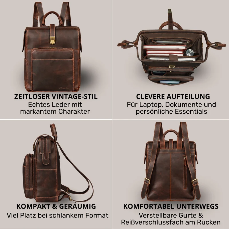 "Lorraine" Vintage Rucksack Damen Leder Groß 15,6 Zoll Laptop