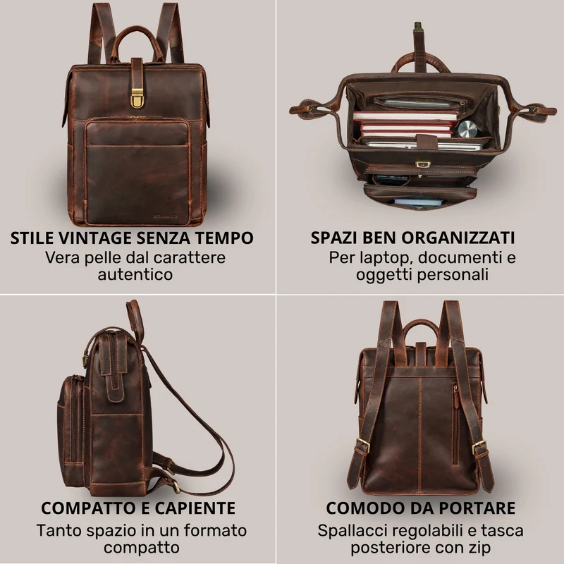 "Lorraine" Vintage Rucksack Damen Leder Groß 15,6 Zoll Laptop