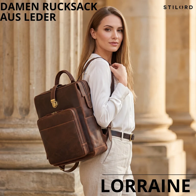 "Lorraine" Vintage Rucksack Damen Leder Groß 15,6 Zoll Laptop