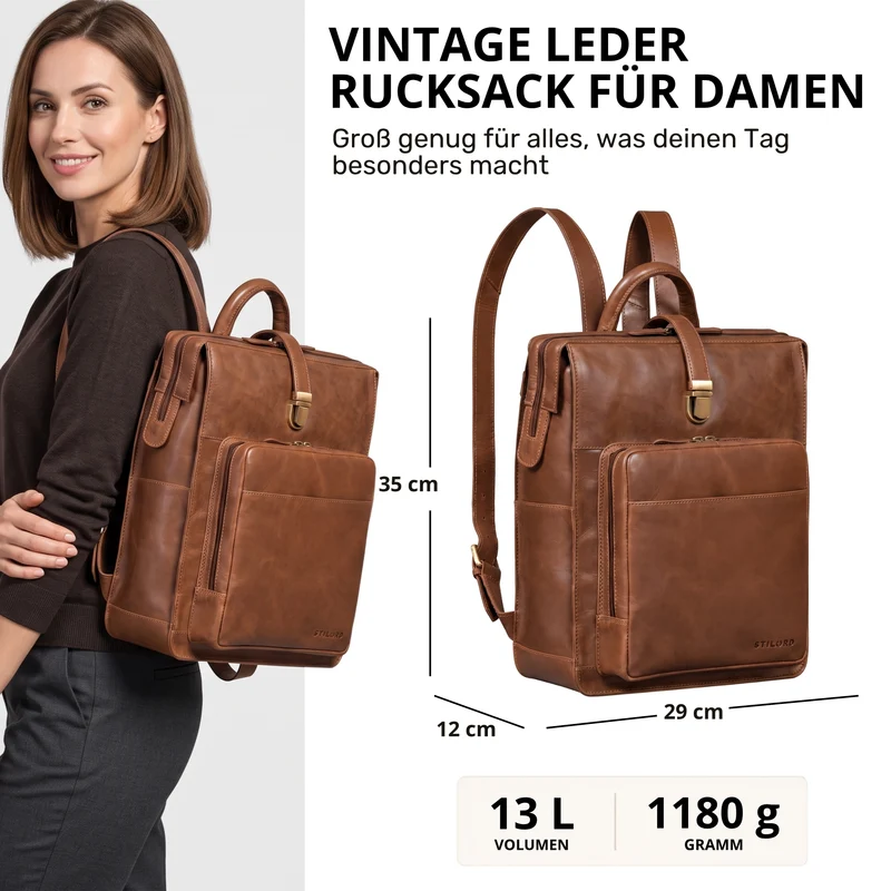 "Lorraine" Vintage Rucksack Damen Leder Groß 15,6 Zoll Laptop