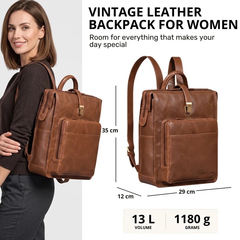 "Lorraine" Vintage Rucksack Damen Leder Groß 15,6 Zoll Laptop