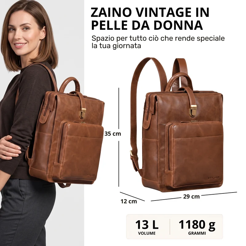 "Lorraine" Vintage Rucksack Damen Leder Groß 15,6 Zoll Laptop